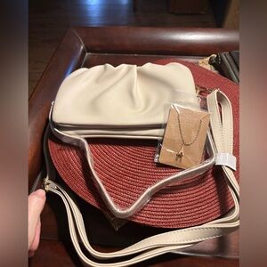 NWT OLIVIA MILLER Cream Crossbody Vegan Soft Tufted Handbag with Paris Necklace